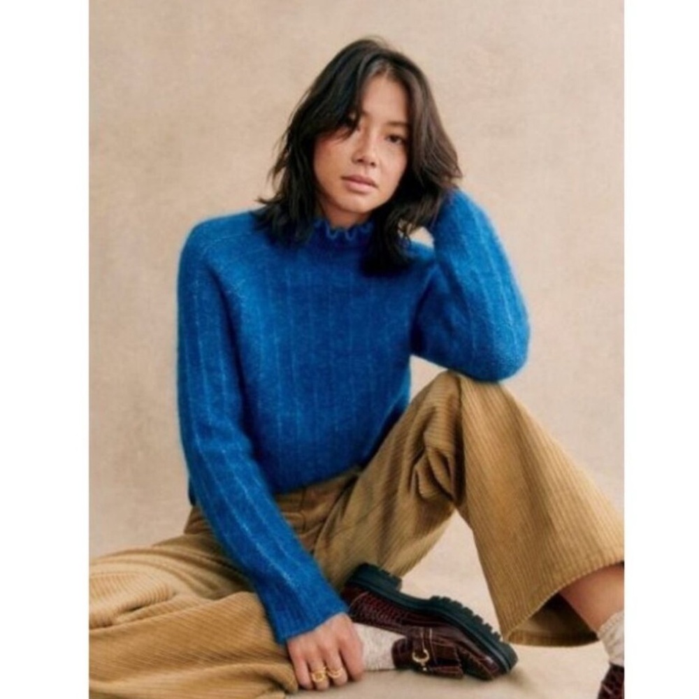 Sezane Blue Fuzzy Ribbed Turtleneck Sweater